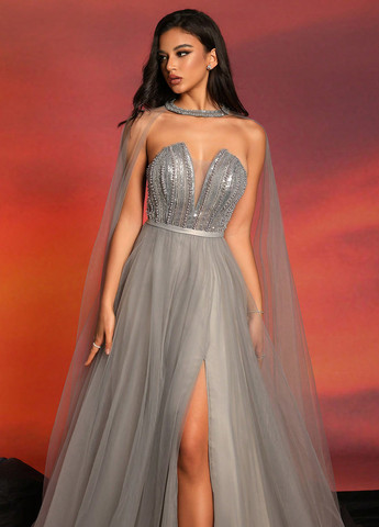 Светло-серое вечернее платье с корсетом SHEIN однотонное