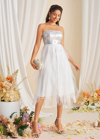 Белое вечернее, праздничный платье бандо SHEIN однотонное