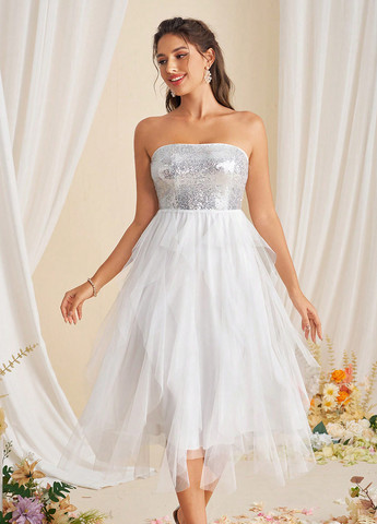 Белое вечернее, праздничный платье бандо SHEIN однотонное