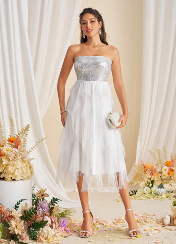 Белое вечернее, праздничный платье бандо SHEIN однотонное