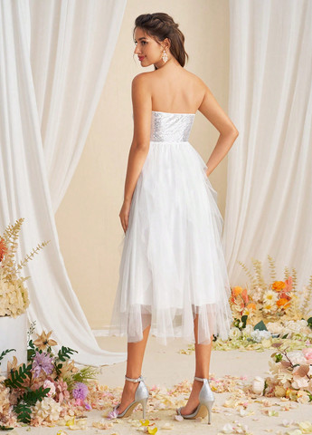 Белое вечернее, праздничный платье бандо SHEIN однотонное