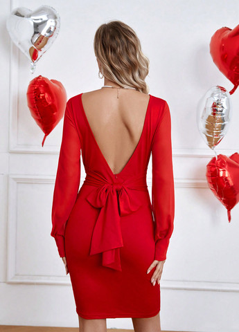 Красное кэжуал, коктейльное платье с открытой спиной SHEIN однотонное