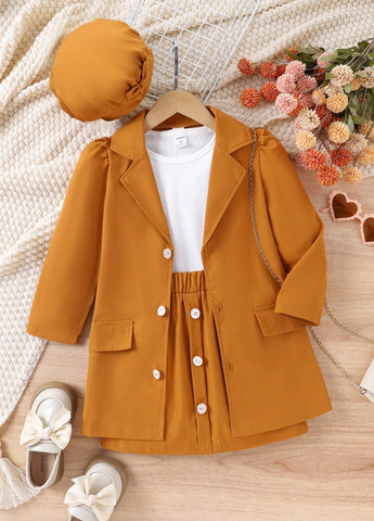 Светло-коричневый демисезонный костюм (жакет, лонгслив, юбка, берет) юбочный SHEIN