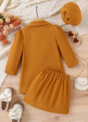 Светло-коричневый демисезонный костюм (жакет, лонгслив, юбка, берет) юбочный SHEIN