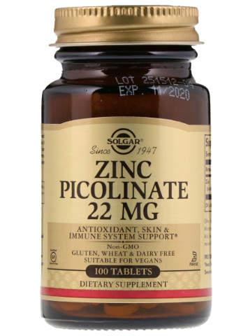 Цинк Пиколинат 22 мг, Zinc Picolinate,, 100 таблеток Solgar