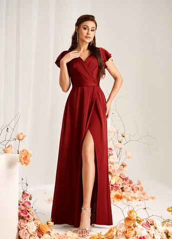 Темно-красное вечернее платье с юбкой-солнце, на запах SHEIN однотонное