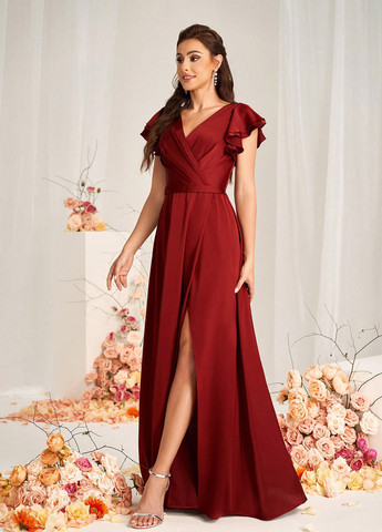 Темно-красное вечернее платье с юбкой-солнце, на запах SHEIN однотонное