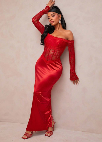 Червона вечірня сукня з відкритою спиною, годе, з відкритими плечима SHEIN однотонна