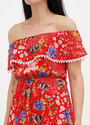 Красное кэжуал платье с открытыми плечами Vicolo с цветочным принтом