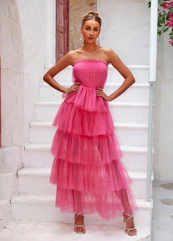 Розовое коктейльное платье с открытыми плечами SHEIN однотонное