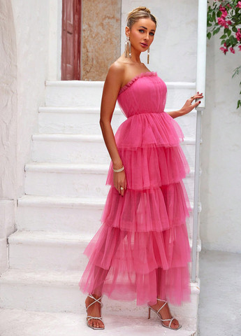 Розовое коктейльное платье с открытыми плечами SHEIN однотонное