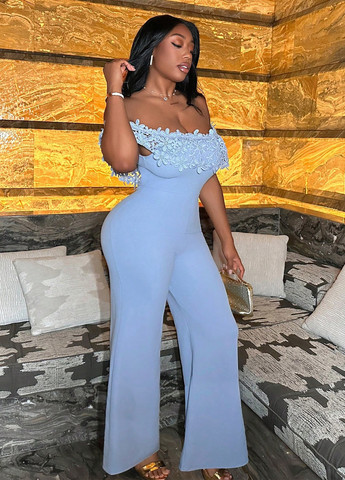 Комбінезон SHEIN комбінезон-брюки однотонний світло-блакитний вечірній поліестер