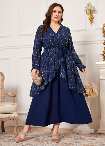 Темно-синя вечірня сукня кльош, на запах, з баскою SHEIN зірки