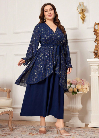 Темно-синя вечірня сукня кльош, на запах, з баскою SHEIN зірки