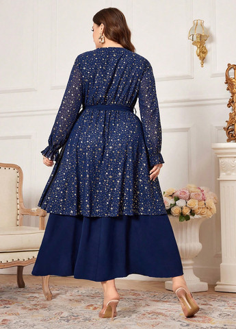 Темно-синя вечірня сукня кльош, на запах, з баскою SHEIN зірки