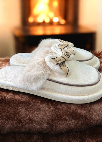 Бежевые тапочки Scarlett с мехом, с бантом