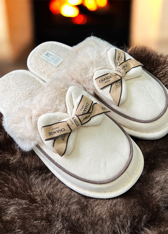 Бежевые тапочки Scarlett с мехом, с бантом