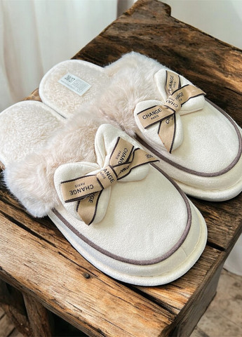 Бежевые тапочки Scarlett с мехом, с бантом