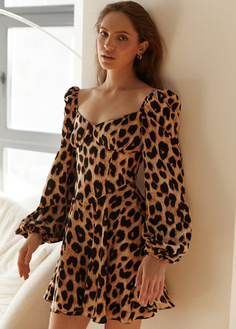 Комбинированное кэжуал платье с открытыми плечами Gepur леопардовый