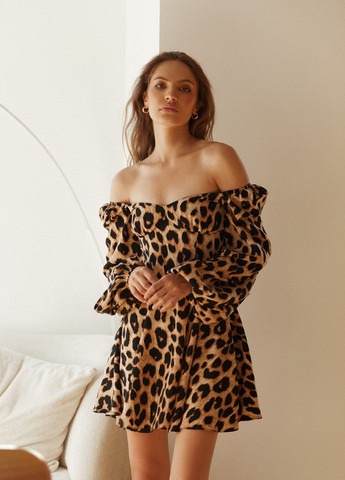 Комбинированное кэжуал платье с открытыми плечами Gepur леопардовый