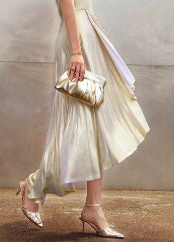 Золотой вечернее, коктейльное платье плиссированное SHEIN однотонное