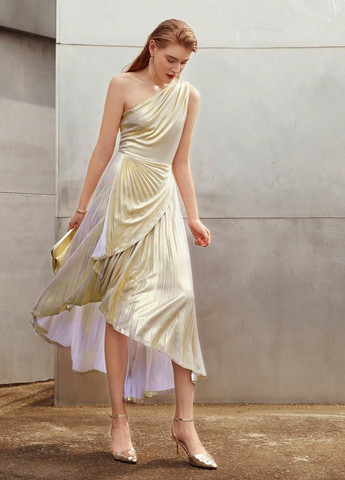 Золотой вечернее, коктейльное платье плиссированное SHEIN однотонное