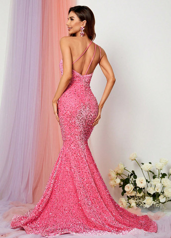 Рожева вечірня сукня годе, зі шлейфом, на одне плече, з відкритою спиною SHEIN однотонна