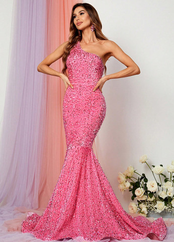 Рожева вечірня сукня годе, зі шлейфом, на одне плече, з відкритою спиною SHEIN однотонна