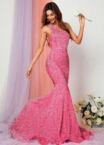 Рожева вечірня сукня годе, зі шлейфом, на одне плече, з відкритою спиною SHEIN однотонна