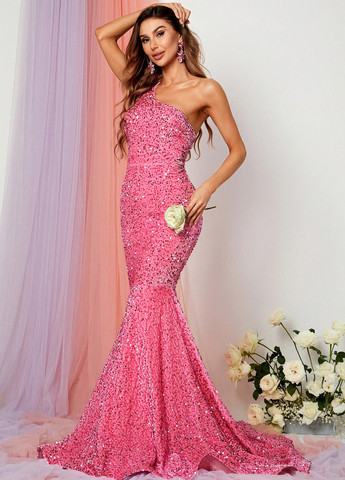 Рожева вечірня сукня годе, зі шлейфом, на одне плече, з відкритою спиною SHEIN однотонна