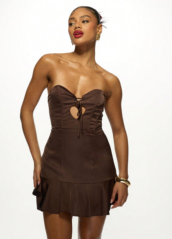 Темно-коричнева святковий, коктейльна, вечірня сукня з відкритою спиною, бандо, а-силует, з корсетом SHEIN однотонна