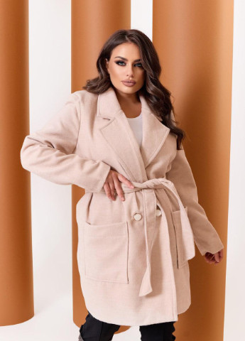 Темно-бежевое Женское пальто из кашемира на подкладке с поясом беж р.48/50 376136 New Trend