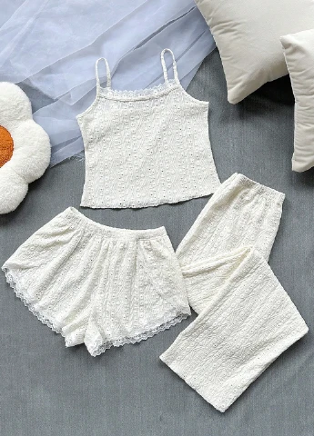 Белая всесезон пижама (топ, брюки, шорты) SHEIN