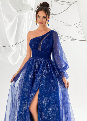 Синее праздничный, вечернее платье на одно плечо SHEIN однотонное