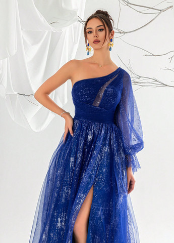 Синее праздничный, вечернее платье на одно плечо SHEIN однотонное