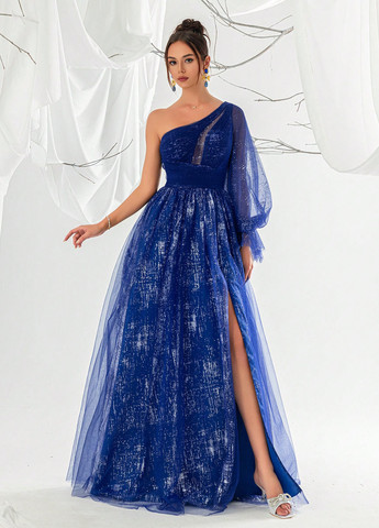 Синее праздничный, вечернее платье на одно плечо SHEIN однотонное