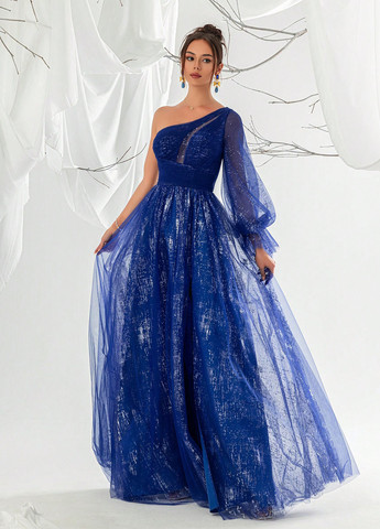 Синее праздничный, вечернее платье на одно плечо SHEIN однотонное