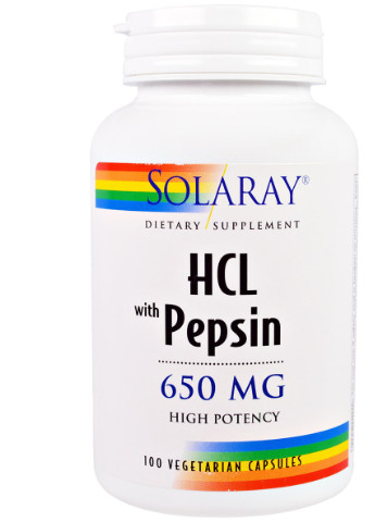Бетаїн HCL і Пеппсін, HCL with Pepsin,, 650 мг, 100 вегетаріанських капсул Solaray (228292222)