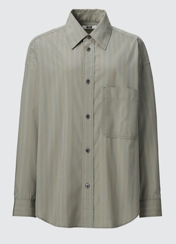 Оливковковая (хаки) кэжуал рубашка в полоску Uniqlo