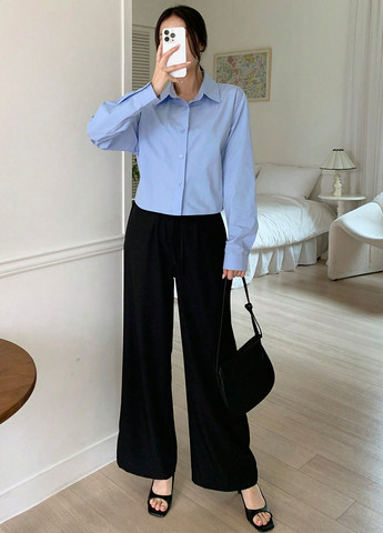 Голубой праздничный, классическая, кэжуал рубашка однотонная SHEIN