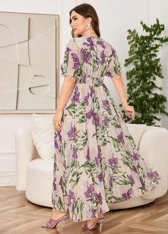 Бежевое праздничный, кэжуал платье в стиле ампир SHEIN с цветочным принтом