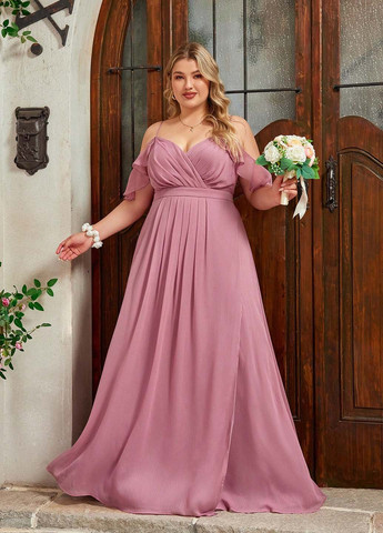 Рожева святковий, вечірня сукня на запах, з відкритими плечима SHEIN однотонна