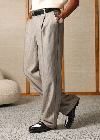 Бежевые классические, кэжуал демисезонные прямые брюки SHEIN