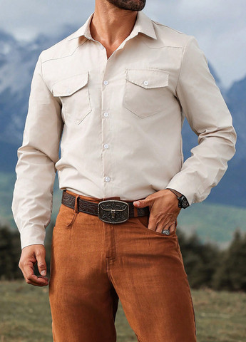 Светло-бежевая классическая, кэжуал рубашка однотонная SHEIN