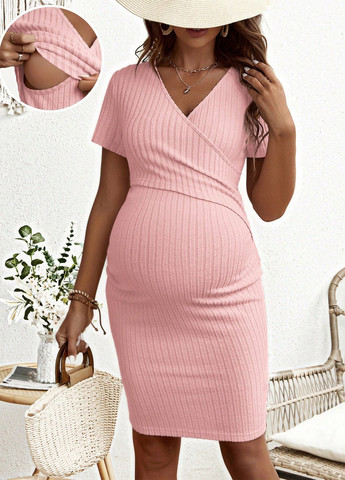 Светло-розовое кэжуал платье для беременных силуэтная, на запах SHEIN однотонное