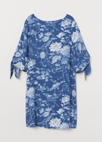 Синее кэжуал платье платье-футболка H&M с цветочным принтом