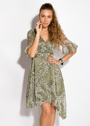 Оливковое кэжуал платье а-силуэт Time of Style с рисунком