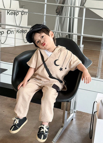 Кремовый летний костюм (футболка, брюки) брючный SHEIN