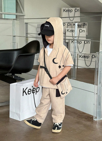 Кремовый летний костюм (футболка, брюки) брючный SHEIN