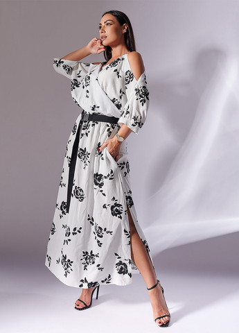 Черно-белое кэжуал платье клеш, на запах LibeAmore с цветочным принтом
